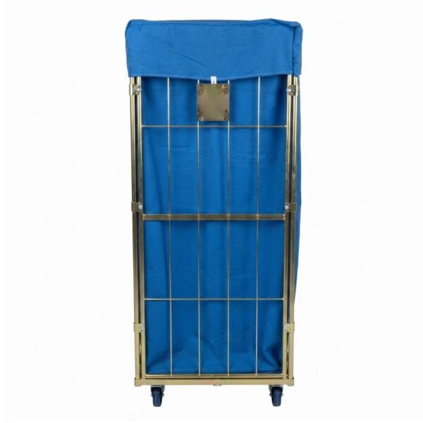 Vue arrière du chariot de blanchisserie avec housse 685x810x1850 mm en couleur Bleu Royal de RTP Radom.
